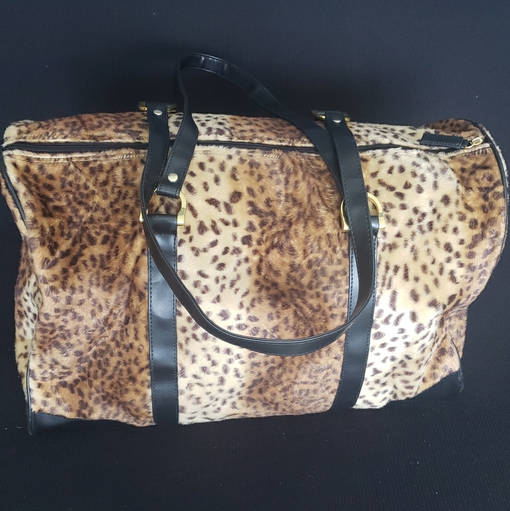 Faux fur leopard print overnight bag